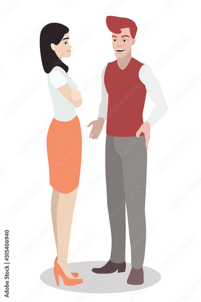 A young white guy is standing and talking with a girl. Ideal for advertising and presentation. A young white guy is standing and talking with a girl. Ideal for advertising and presentation.