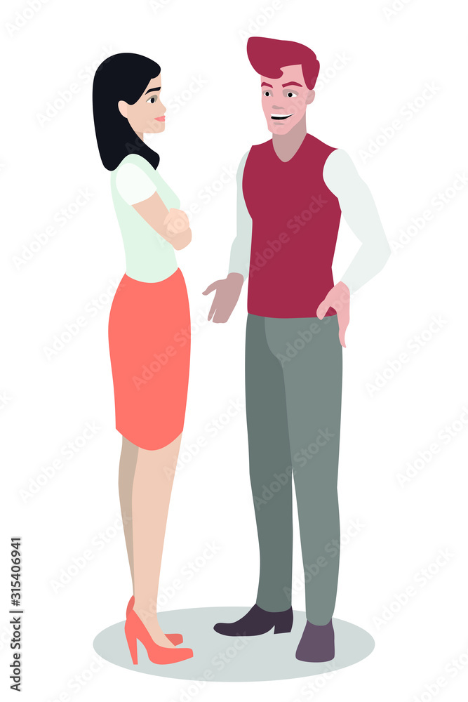 A young white guy is standing and talking with a girl. Ideal for advertising and presentation. A young white guy is standing and talking with a girl. Ideal for advertising and presentation.