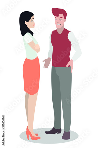 A young white guy is standing and talking with a girl. Ideal for advertising and presentation.