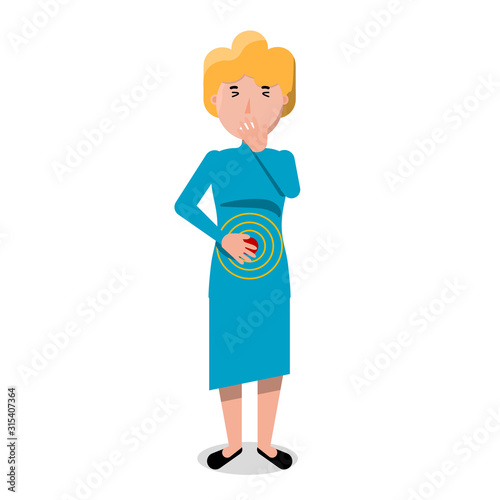 Stomach ache vector illustration. Female cartoon character with abdominal pain. Woman with diarrhea, stomach sickness or other health problems.