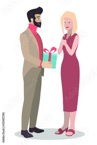 Vector with a young white guy who gives a gift to a girl. Ideal for advertising holidays and Valentine's Day.