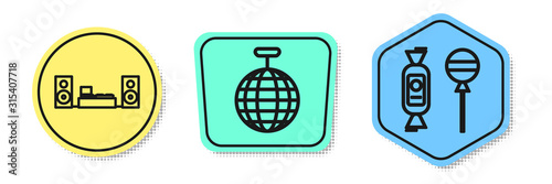 Set line Home stereo with two speakers , Disco ball and Lollipop . Colored shapes. Vector