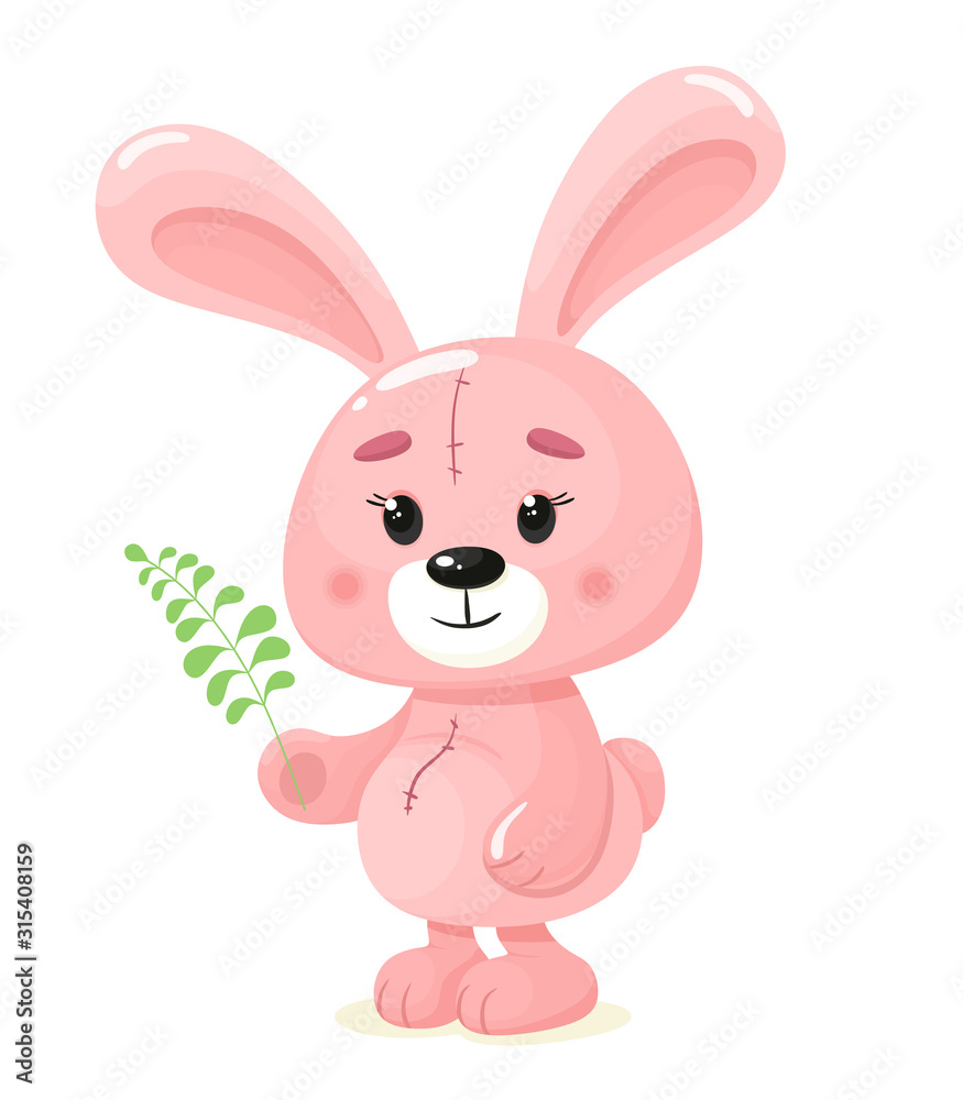 Cute pink bunny with a twig. Vector kids print with cute bunny in cartoon flat style.