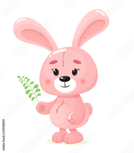 Cute pink bunny with a twig. Vector kids print with cute bunny in cartoon flat style. © EkaterinaGr