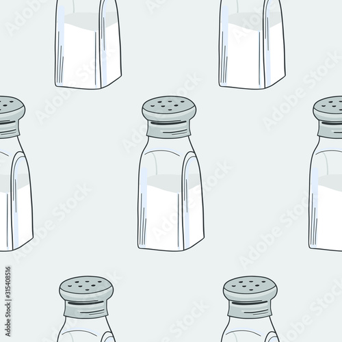 Salt shaker seamless pattern. Kitchen utensils. Food seasoning. Baking and cooking ingredient. Food seasoning. Cartoon vector illustration. 