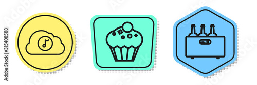 Set line Music streaming service , Muffin and Bottles of wine in a wooden box . Colored shapes. Vector