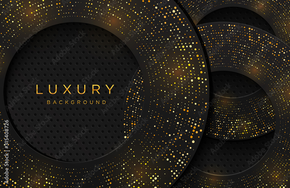 Luxury elegant background with shiny gold dotted pattern isolated on black. Abstract realistic neomorphism background. Elegant template - obrazy, fototapety, plakaty 