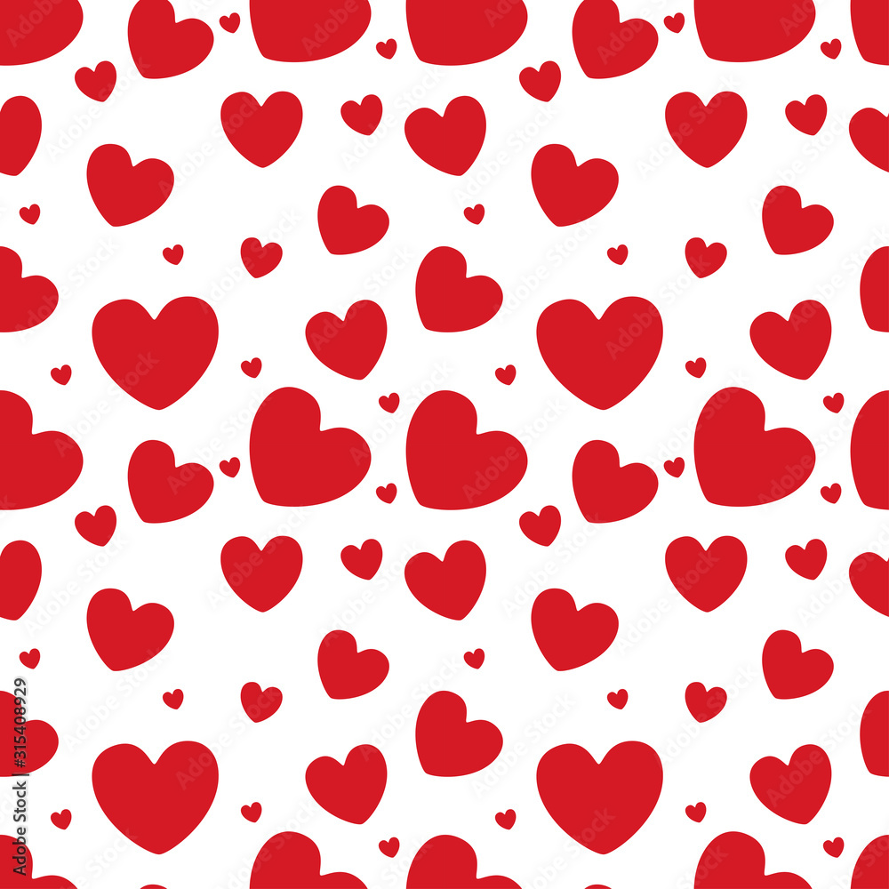 Heart seamless pattern. Love, valentine's day, wedding, romantic symbol. Hand drawn red hearts sign repeat ornament background for paper wrap, fabric print, wallpaper decor. Vector illustration