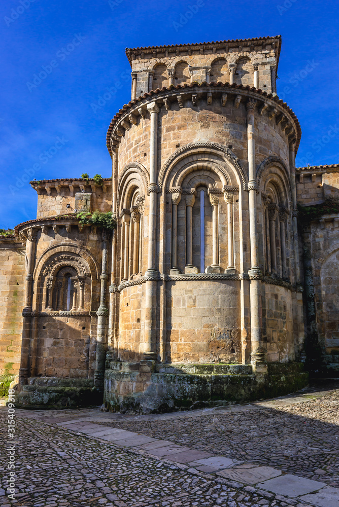 View from Arenas Square on apse of Santa Juliana Church and monastery in Santillana del Mar town, Spain