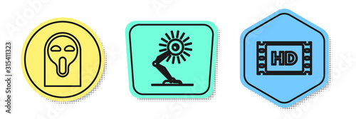 Set line Funny and scary ghost mask, Table lamp and 4k movie, tape, frame . Colored shapes. Vector