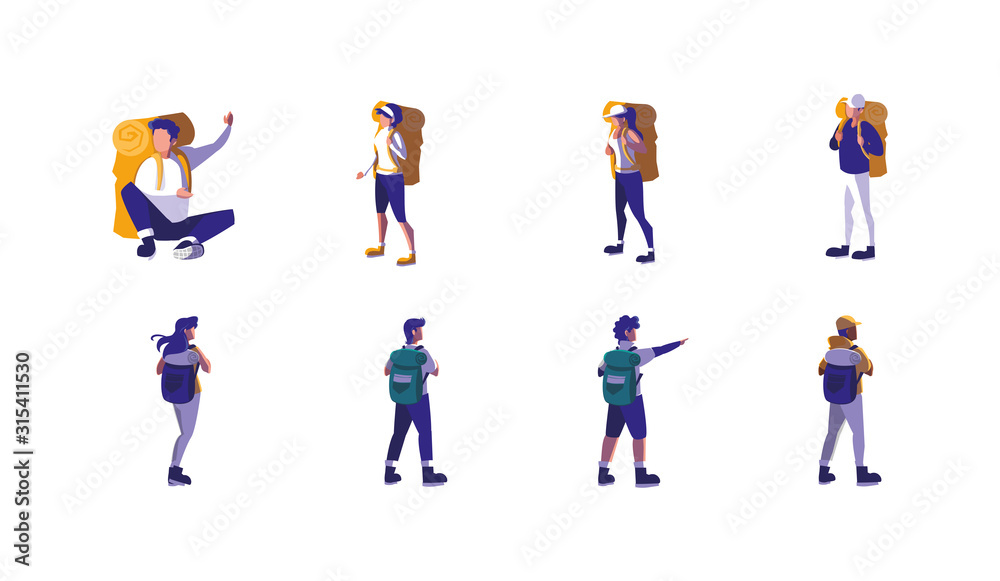 Φωτογραφία Isolated hikers with bags set vector design