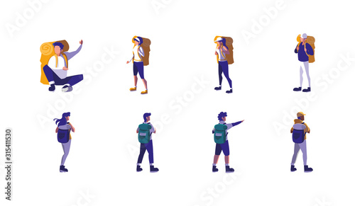 Isolated hikers with bags set vector design