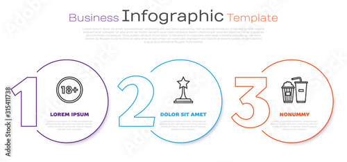 Set line Under 18 years, Movie trophy and Popcorn and soda drink glass. Business infographic template. Vector