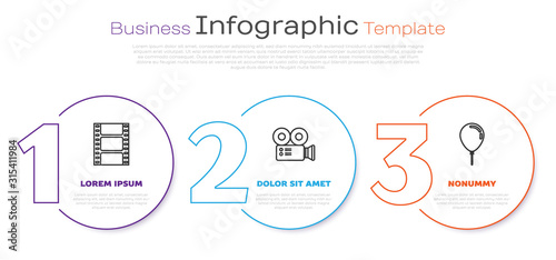 Set line Play Video , Cinema camera and Balloon with ribbon . Business infographic template. Vector