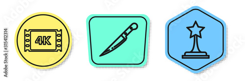 Set line 4k movie, tape, frame , Knife and Movie trophy . Colored shapes. Vector