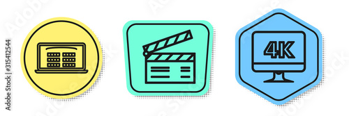 Set line Buy cinema ticket online , Movie clapper and Computer PC monitor with 4k video technology . Colored shapes. Vector