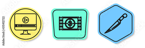 Set line Online play video , Play Video and Knife . Colored shapes. Vector