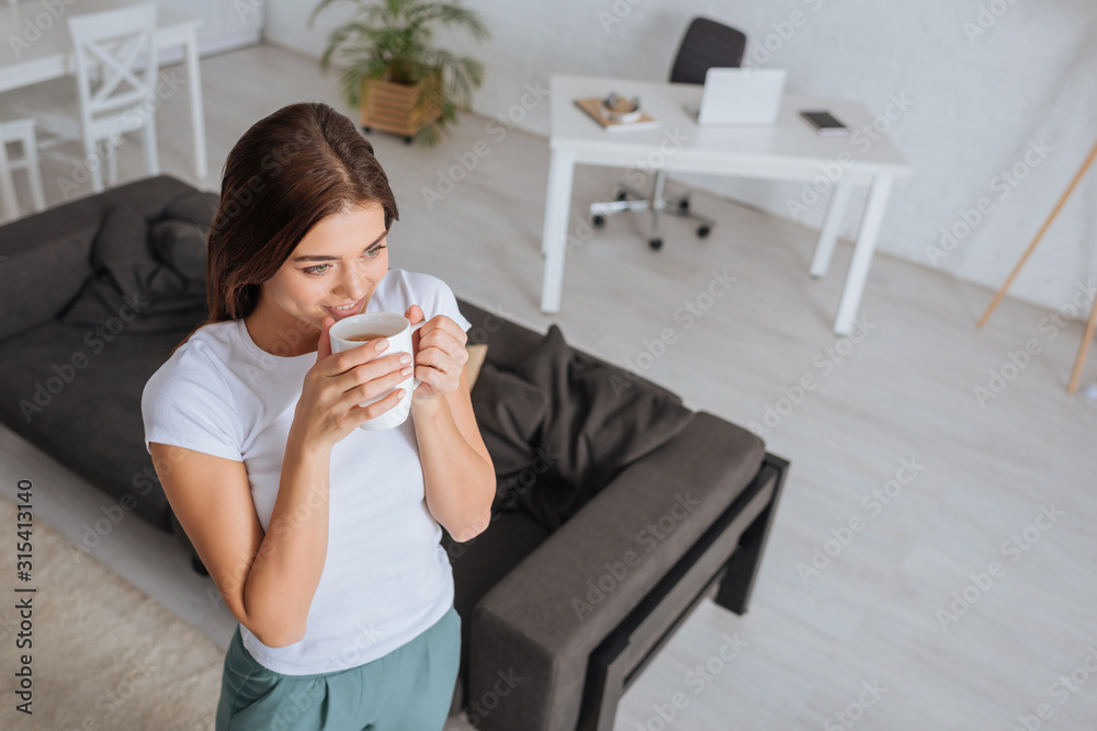 overhead view of attractive woman drinking tea in living room overhead view of attractive woman drinking tea in living room