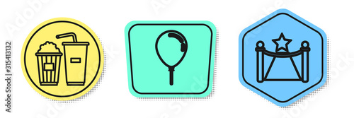 Set line Popcorn and soda drink glass, Balloon with ribbon and Carpet with barriers and star . Colored shapes. Vector