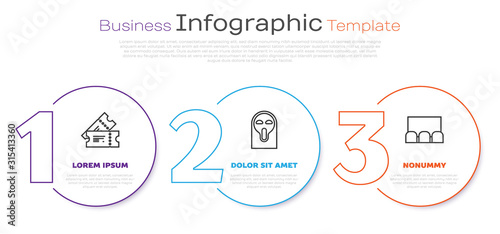 Set line Cinema ticket , Funny and scary ghost mask and Cinema auditorium with screen and seats . Business infographic template. Vector
