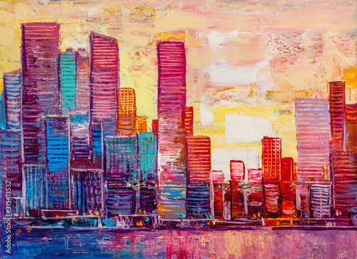 Artistic painting of skyscrapers.Abstract style. Cityscape panorama.