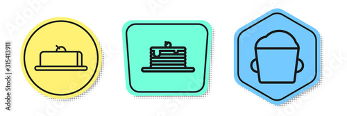 Set line Strawberry cheesecake slice, Stack of pancakes and Bakery bowl dough . Colored shapes. Vector