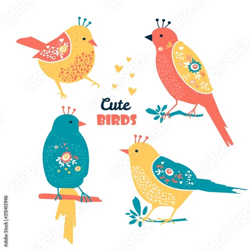 Cute Birds set.  Vector silhouette