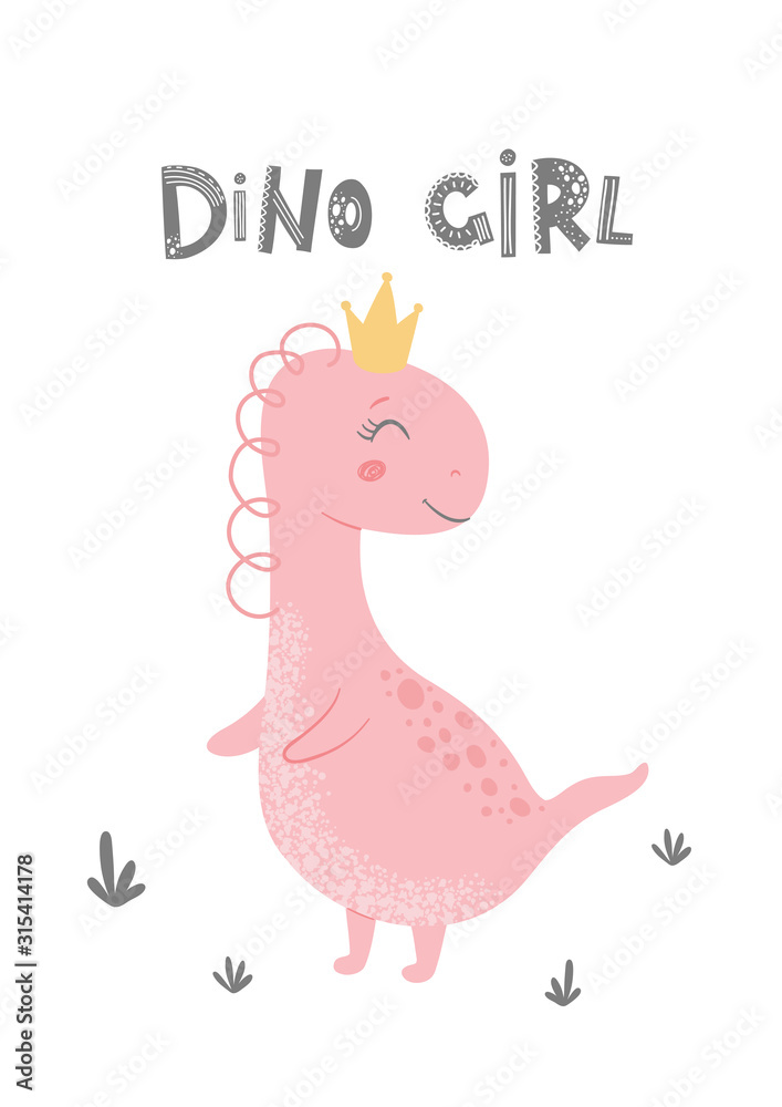 Fototapeta premium Baby print with Dino. Cute card, poster, template, greeting card, dinosaur. Scandinavian style. Vector illustrations.