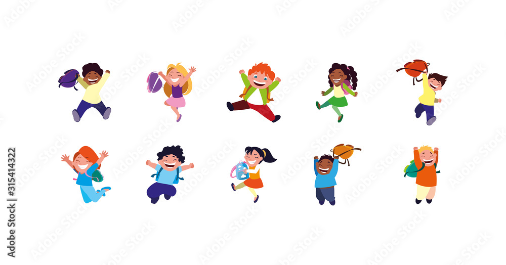 Isolated set of boys and girls cartoons with school bags vector design Isolated set of boys and girls cartoons with school bags vector design
