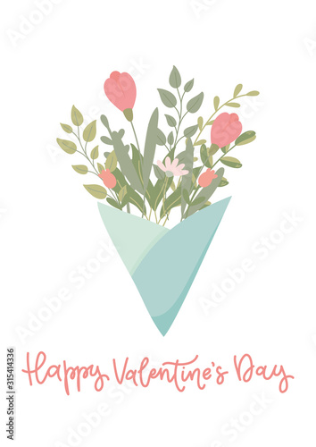 Valentine s day concept. Gift romantic postcards with bouquet of flowers. Vector illustration on white background.