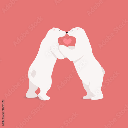 Vector illustration with 2 adorable funny polar bear kiss. Happy Valentine's day card or invitation. Polar bear cartoon character love concept. I love you.
