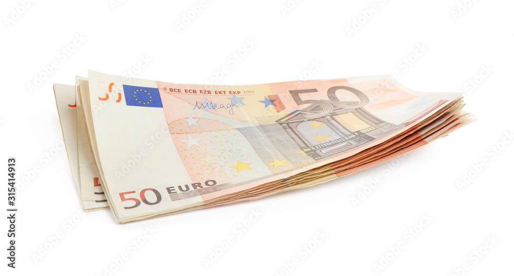 Euro banknotes on white background. Money and finance Euro banknotes on white background. Money and finance