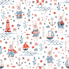 Wandcirkels Konijn patronen Maritiem konijntjespatroon in aquarel  © UlitkaStudio