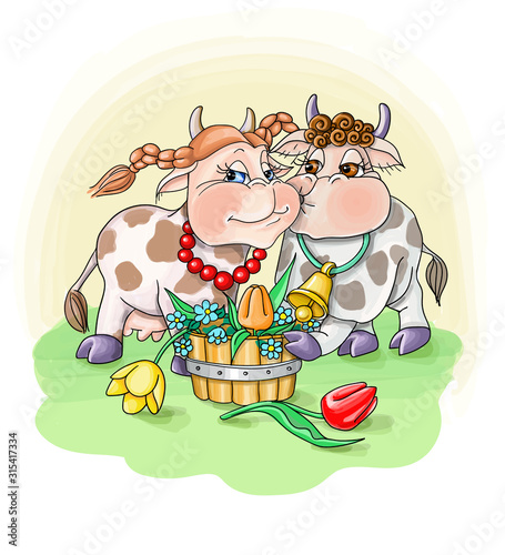 vector illustration bull in love congratulates the cow with flowers,family cherful
