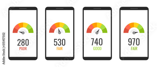 Collection smartphones with credit score app on the screen in flat style. Financial information about the client. Vector illustration.