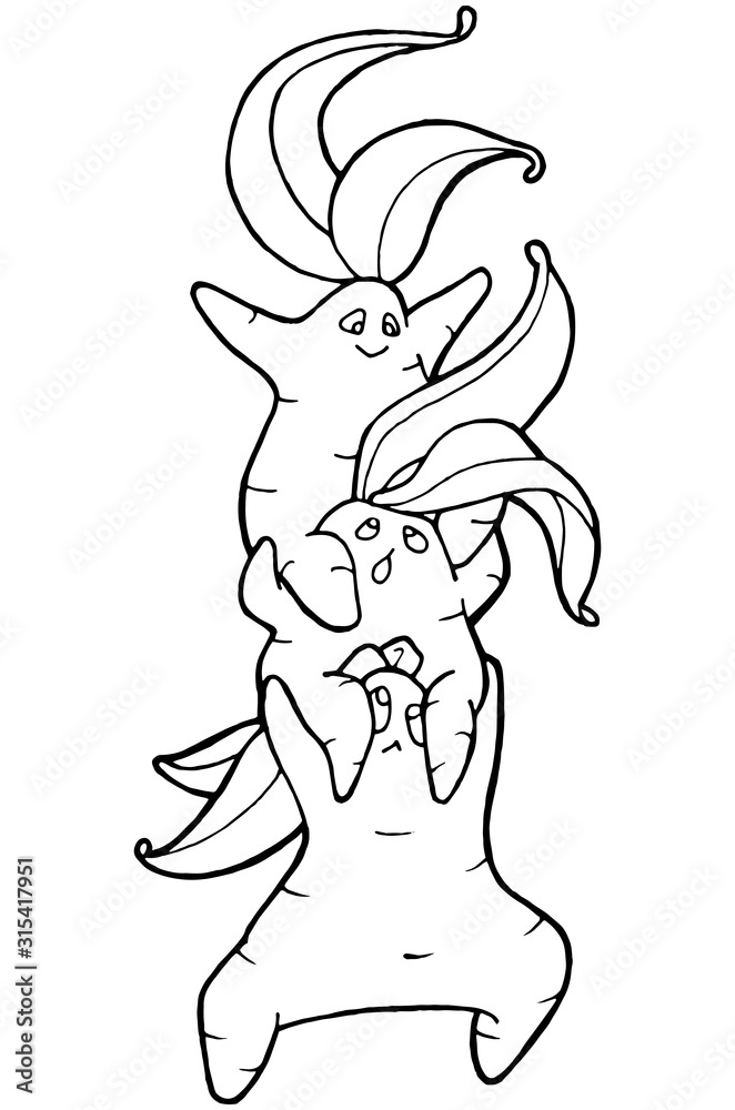 Hand drawing illustration. Vector illustration of mandrake. Mandragora root  homunculus, alchemy ingredient, witchcraft, sorcery mystical creature.  Halloween character. Botanical. Coloring page ilustração do Stock