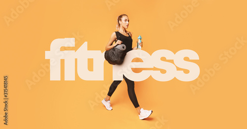 Big fitness inscription over girl going to gym