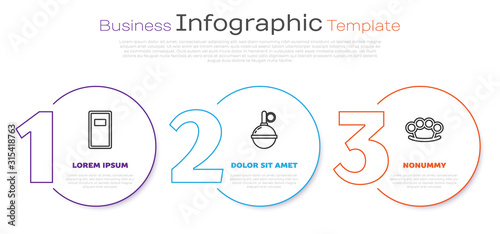 Set line Police assault shield , Hand grenade and Brass knuckles . Business infographic template. Vector