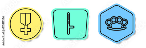 Set line Military reward medal , Police rubber baton and Brass knuckles . Colored shapes. Vector