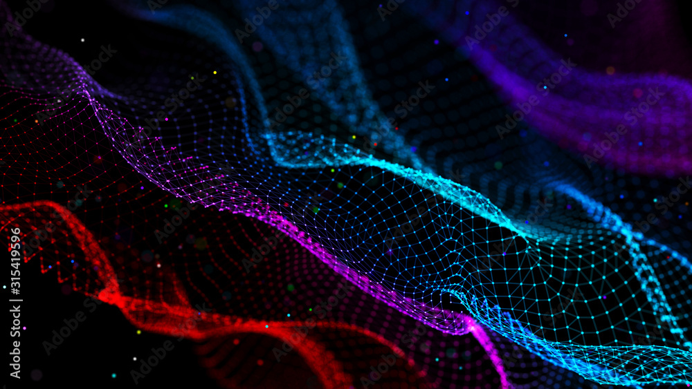 Fototapeta premium Colored structure. Lights background. Big data digital code. Network connection dots and lines. 3D rendering