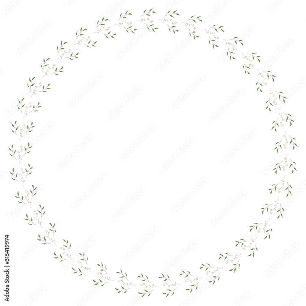 Round frame of horizontal elegant  leaves and decorative elements. Isolated nature frame on white background for your design.