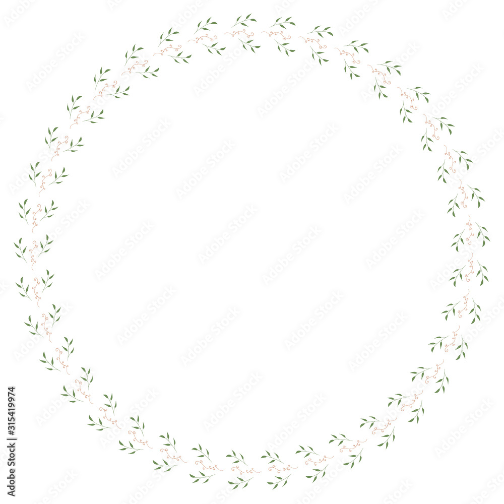 Round frame of horizontal elegant leaves and decorative elements. Isolated nature frame on white background for your design. Round frame of horizontal elegant leaves and decorative elements. Isolated nature frame on white background for your design.