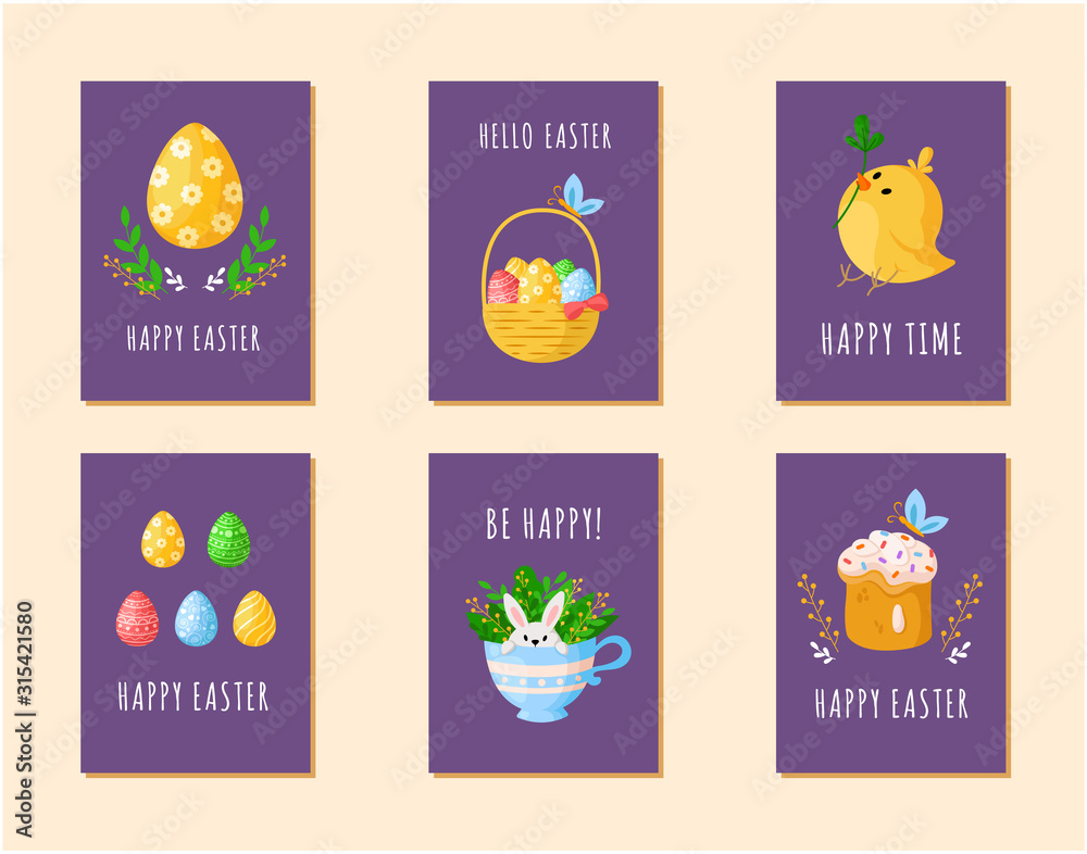 Easter Day eggs, little cartoon chicken, sweet cake, happy cute rabbit in tea cup, wooden basket with easter eggs, green branches, ready vector greeting cards or posters set, holiday decor Easter Day eggs, little cartoon chicken, sweet cake, happy cute rabbit in tea cup, wooden basket with easter eggs, green branches, ready vector greeting cards or posters set, holiday decor