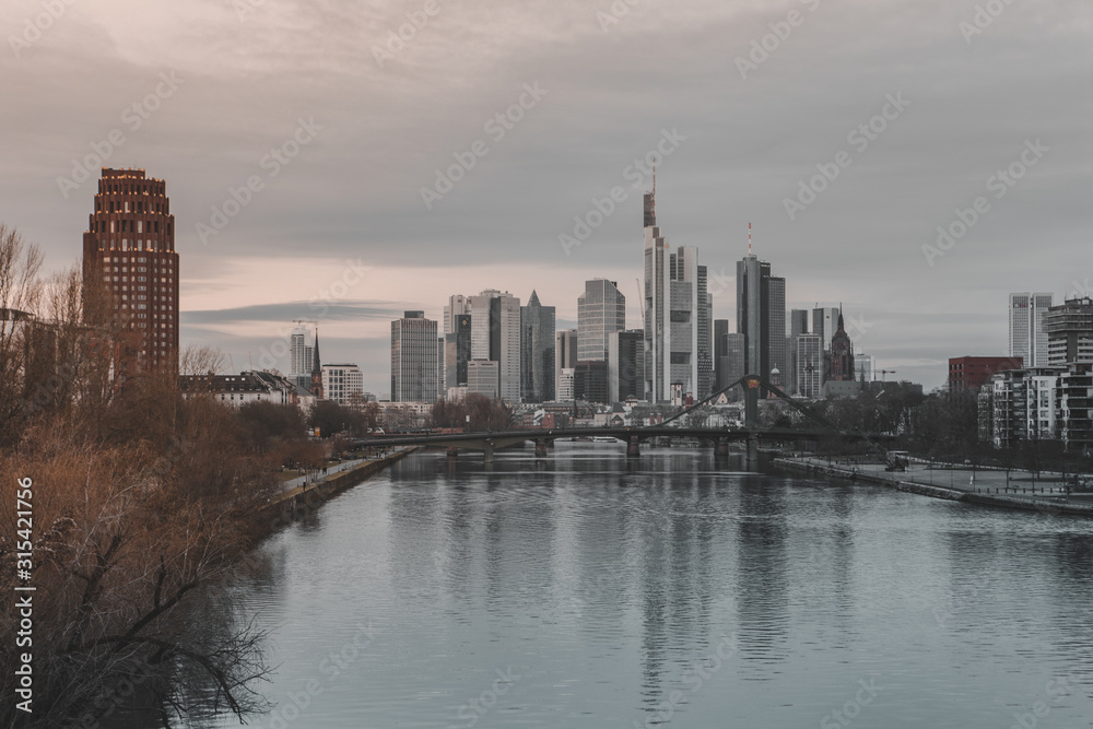  Frankfurt am Main and central bank with city architecture in full day. Old architecture and city. 14.01.2020 Frankfurt am Main, Germany