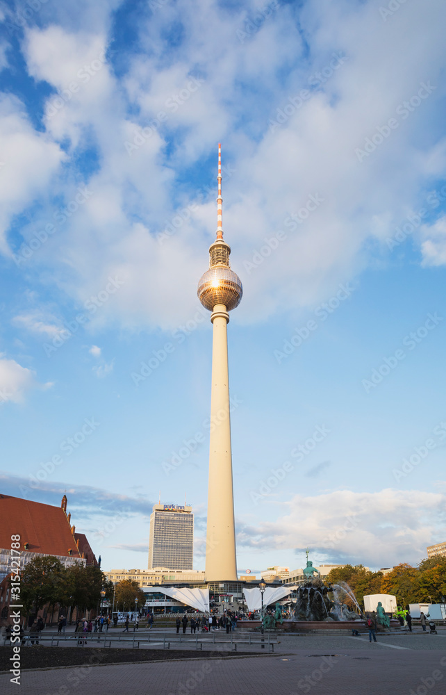 Germany, Berlin, Low angle view of?Berlin TV Tower standing against clouds Germany, Berlin, Low angle view of?Berlin TV Tower standing against clouds