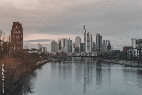  Frankfurt am Main and central bank with city architecture in full day. Old architecture and city. 14.01.2020 Frankfurt am Main, Germany © Tudorean