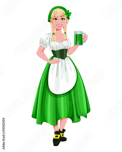 Happy St Patricks Day. Young girl serving ale