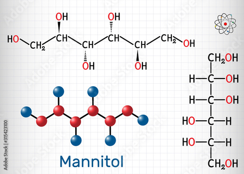 Mannitol, sugar alcohol, a sorbitol isomer molecule. It is used as a sweetener and medication. Structural chemical formula and molecule model. Sheet of paper in a cage