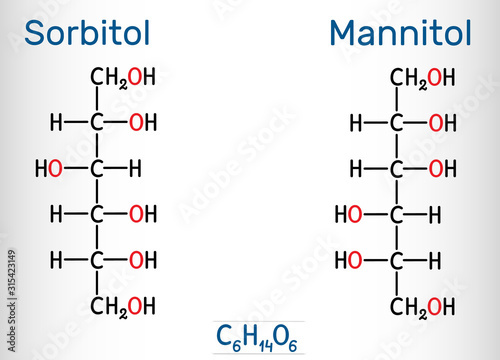 Sorbitol and mannitol molecule, are isomers, are two types of sugar alcohols used as sweeteners. Structural chemical formula and molecule model