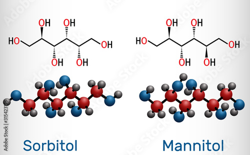 Sorbitol and mannitol molecule, are isomers, are two types of sugar alcohols used as sweeteners. Structural chemical formula and molecule model